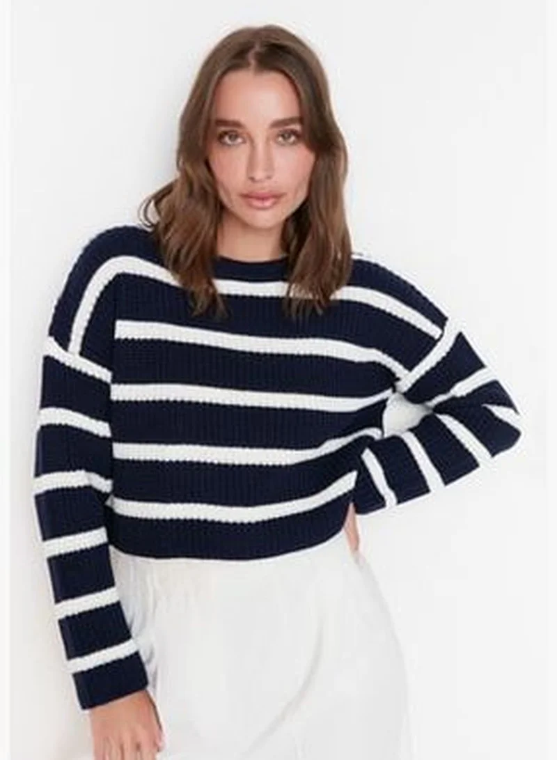 trendyol Navy Blue Crop Basic Striped Knitwear Sweater TWOAW23KZ00390