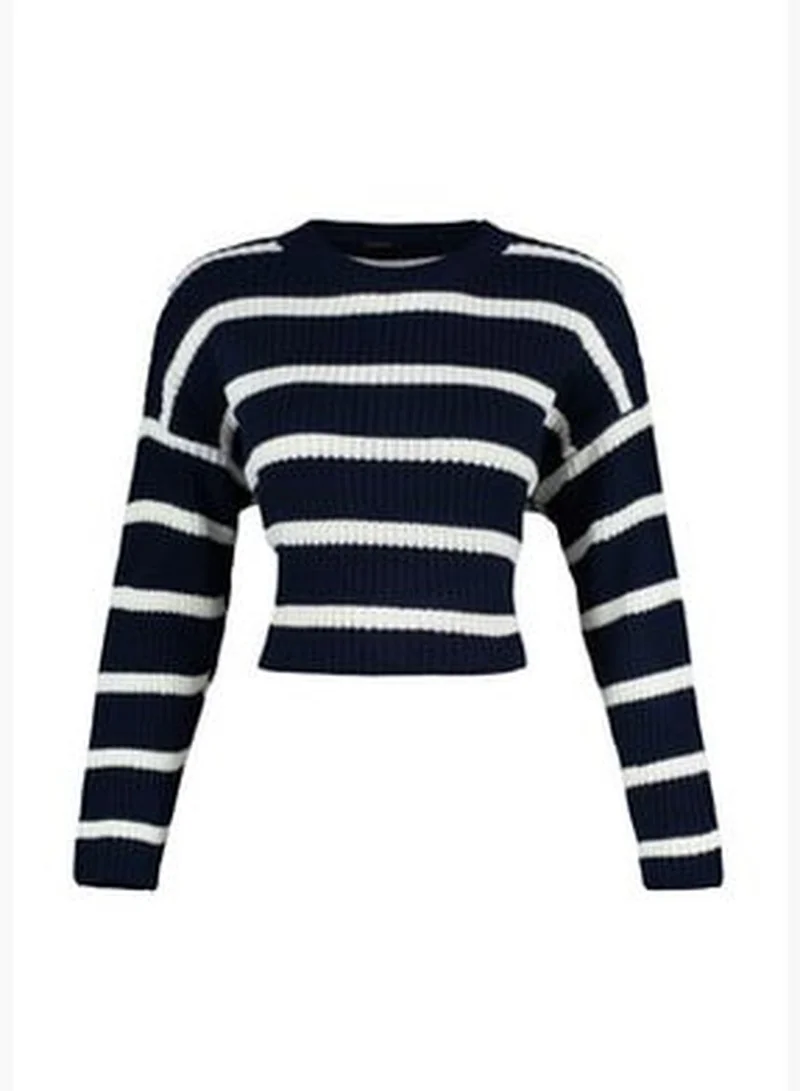 trendyol Navy Blue Crop Basic Striped Knitwear Sweater TWOAW23KZ00390