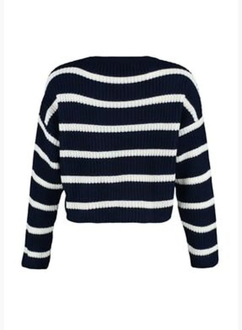 trendyol Navy Blue Crop Basic Striped Knitwear Sweater TWOAW23KZ00390