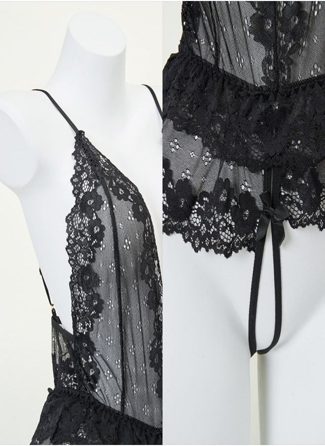 Ocean - Ladies Soft Sling Nightdress Satin Hollow Lace Backless Romantic Pajamas With Panties - Image 1