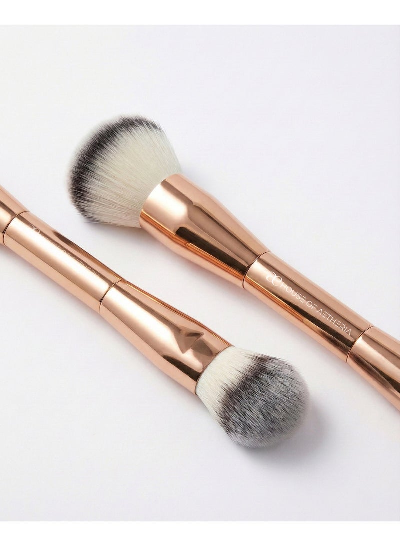House of Aetheria 4 piece Luxury The Dubai Duo Gold Make Up Dual Sided Brush Set ,V Shape Puff , Pink Makeup Bag - Image 2