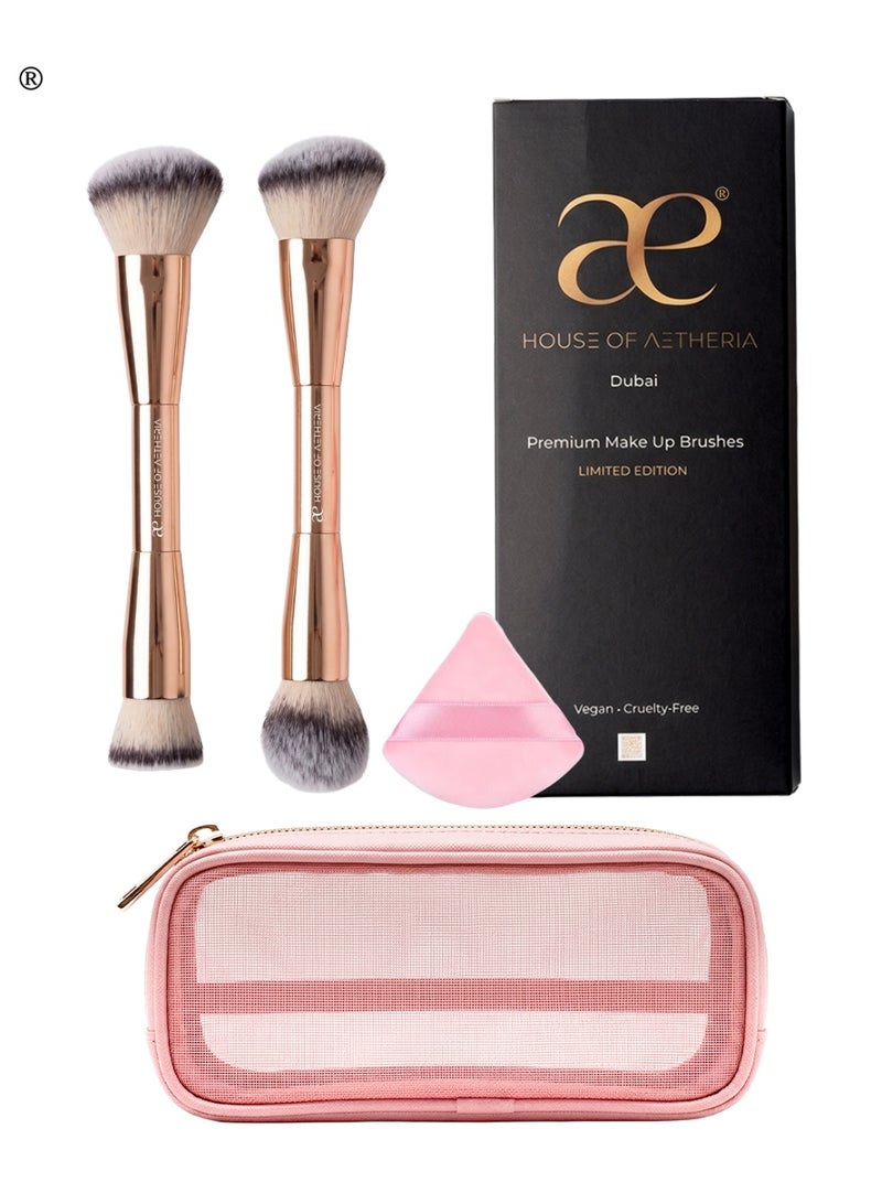 House of Aetheria 4 piece Luxury The Dubai Duo Gold Make Up Dual Sided Brush Set ,V Shape Puff , Pink Makeup Bag - Image 1