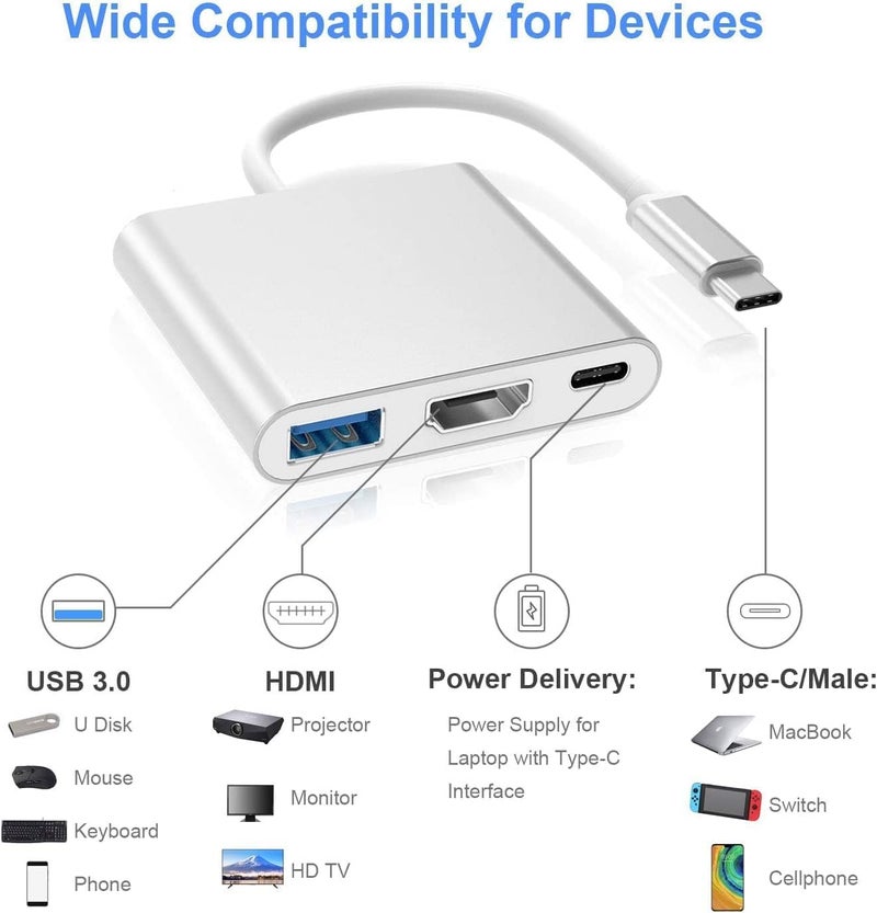 Astrill USB C to 3-in-1 HDMI 4K@30Hz Multiport Adapter, 100W PD Fast Charging Port, USB A 3.0 @5Gbps Speed, MultiPort HUB for MacBook, Laptop, Tablet, Smartphone & All Type C Smart Devices - Image 2
