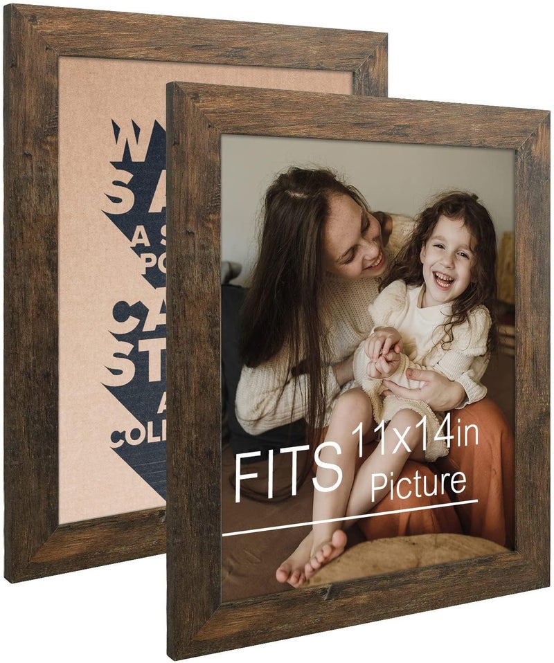 Frametory 11x14 Photo Frame Brown Distressed Grain Style  Frames for 11 by 14 Picture or Photo  Wide Moulding Design with Real Glass  Wall Display Hanging 2 Pack