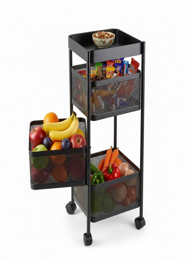 LIVVY 3 Tier Kitchen Storage Trolley with Wheels – Rectangular Steel Basket Rack – Rotating Organizer for Fruits & Vegetables – Home Storage and Organizers Shelf for Kitchen (Black) - Image 1