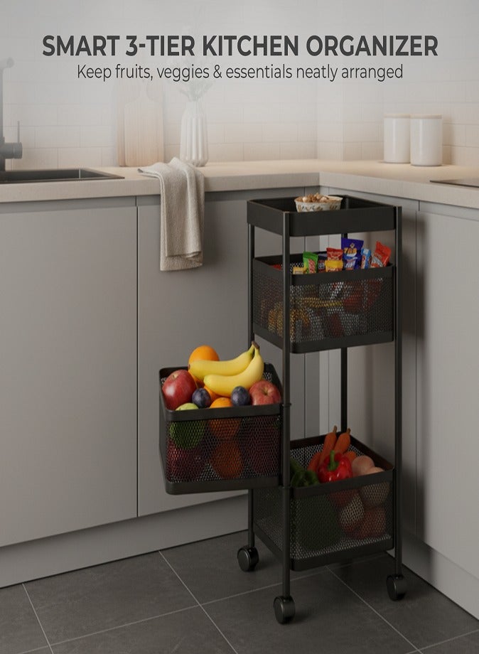 LIVVY 3 Tier Kitchen Storage Trolley with Wheels – Rectangular Steel Basket Rack – Rotating Organizer for Fruits & Vegetables – Home Storage and Organizers Shelf for Kitchen (Black) - Image 2