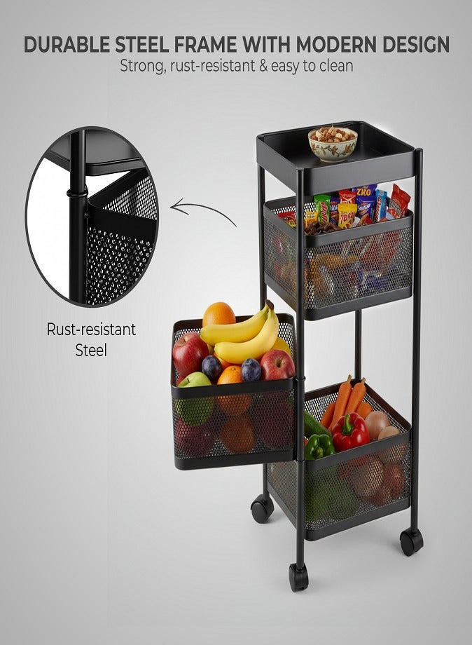 LIVVY 3 Tier Kitchen Storage Trolley with Wheels – Rectangular Steel Basket Rack – Rotating Organizer for Fruits & Vegetables – Home Storage and Organizers Shelf for Kitchen (Black) - Image 3