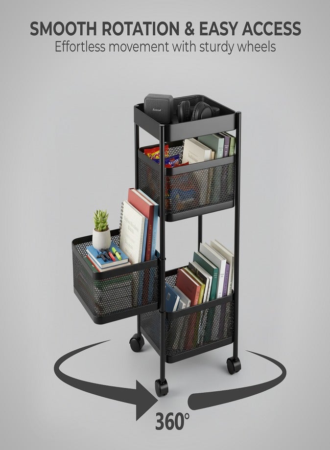 LIVVY 3 Tier Kitchen Storage Trolley with Wheels – Rectangular Steel Basket Rack – Rotating Organizer for Fruits & Vegetables – Home Storage and Organizers Shelf for Kitchen (Black) - Image 4