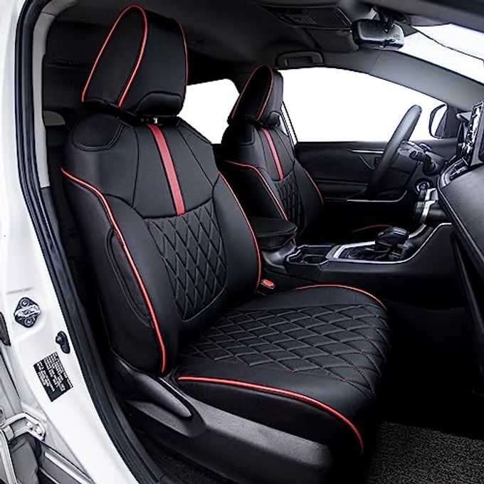 HKZ Fit Rav4 Hybrid Car Seat Covers Set For 2019 2020 2021 2022 2023 2024 2025 Toyota Rav4 Hybrid (Not For 2019-2025 Hybrid/Prime Se,Xse) 5 Seats Full Set Leather(Black+Red) - Image 4