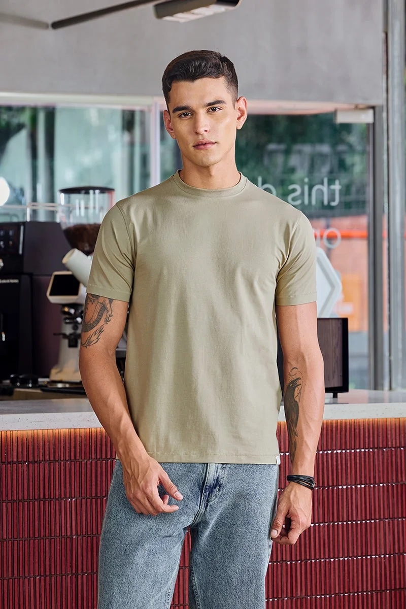 SNITCH Core Lab Beige Solid Slim Fit T-Shirt