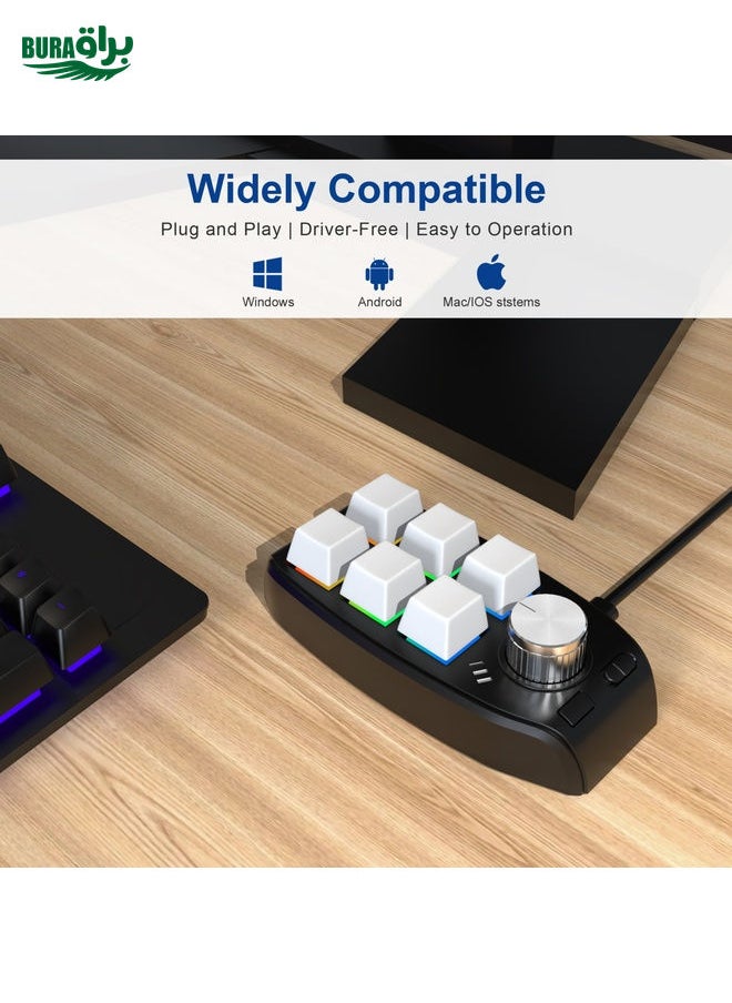 USB Wired RGB Custom Mechanical Keyboard 6 Keys 1 Knob Programming Gaming Keypad(White)