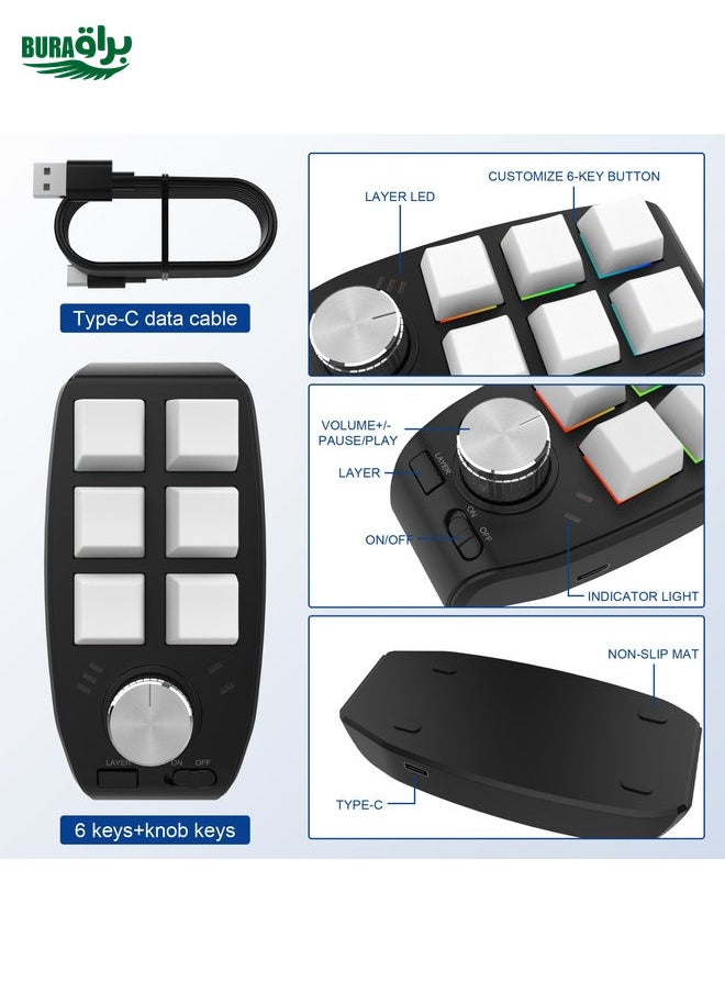 USB Wired RGB Custom Mechanical Keyboard 6 Keys 1 Knob Programming Gaming Keypad(White)