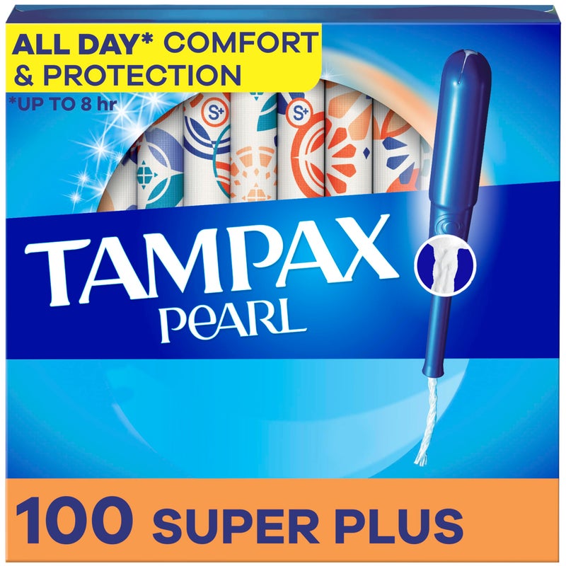 Tampax Pearl Tampons for Women, with LeakGuard Braid, Super Plus Absorbency, Unscented, 100 Count (2 Packs of 50) - Image 1