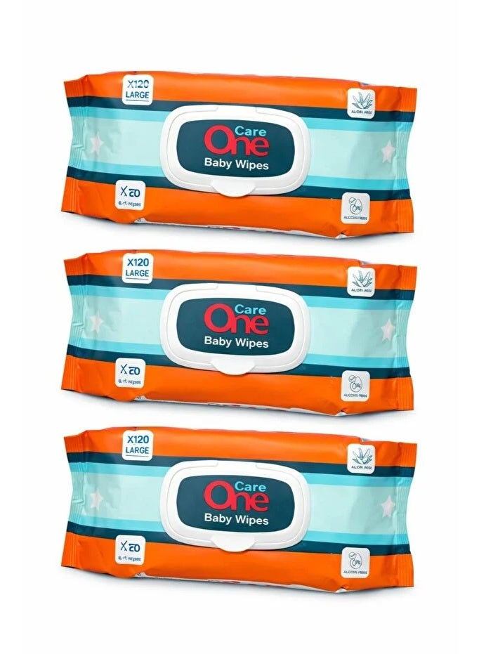 مناديل كير ون للأطفال - عبوة من 3 قطع (3 × 120 قطعة) - مناديل مبللة كبيرة الحجم خالية من الكحول بخلاصة الصبار