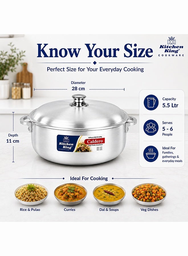 Kitchen King Caldero Aluminium Cooking Pot with Lid 28 cm (5.5 Ltr), Heavy-Duty Wide Base, Shallow Casserole for Biryani, Rice, Curry & Stews, Even Heat Distribution, Dishwasher Safe, Silver - Image 3