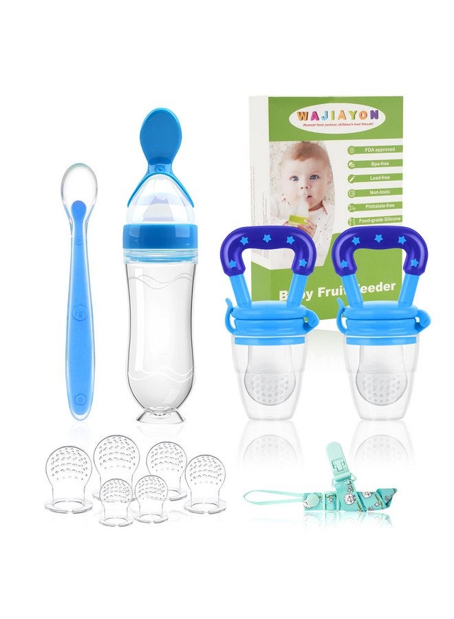 WAJIAYON Baby Fruit Feeder Pacifier - 5 Pack | 2 Baby Fruit Food Feeder Pacifier & 1 Baby Food Dispensing Spoon | Fresh Fruit Teethers for Babies | Silicone Feeder Baby,Mesh Baby Feeder (Blue & Blue) - Image 1