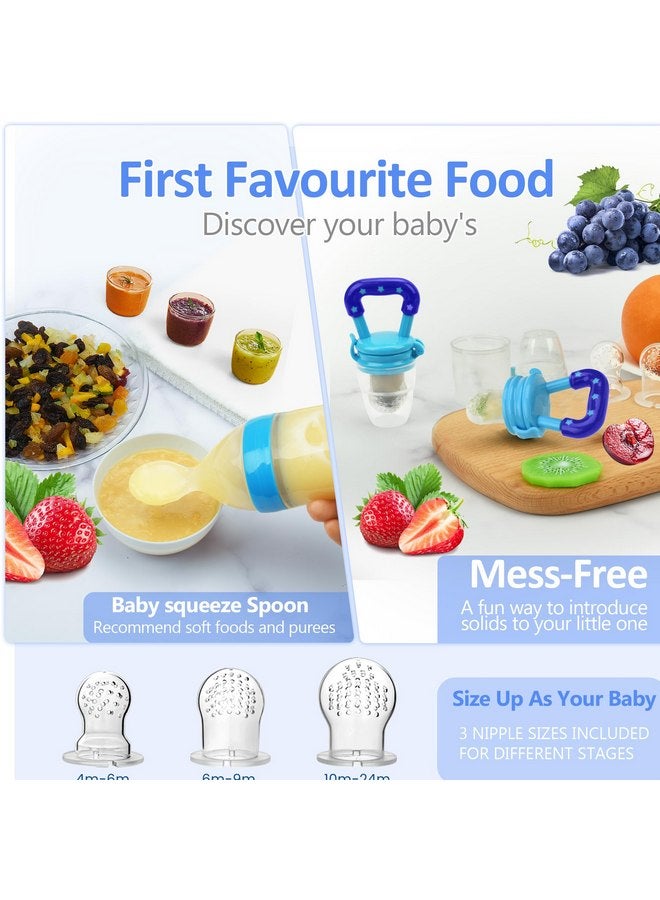 WAJIAYON Baby Fruit Feeder Pacifier - 5 Pack | 2 Baby Fruit Food Feeder Pacifier & 1 Baby Food Dispensing Spoon | Fresh Fruit Teethers for Babies | Silicone Feeder Baby,Mesh Baby Feeder (Blue & Blue) - Image 2