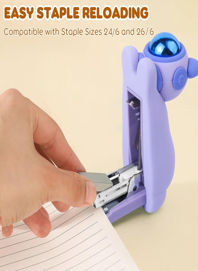 Honagu Cute Stapler, Cartoon Stereoscopic Silicone Stapler, Labor-Saving Office Supplies, Desktop Stationery Gift for Students Teachers,1st Day of School Gifts for Kids (Purple) - Image 5
