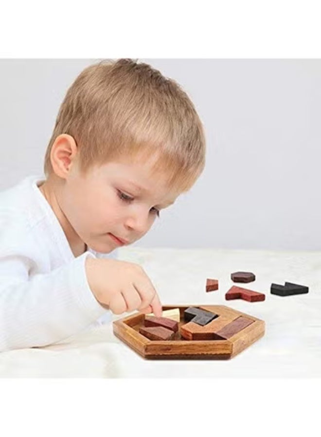 fantasize Hexagon Tangram Puzzle, Wooden Brain Teaser Puzzle for Children and Adults, Challenging Puzzles, Wooden Puzzle Games for Adults, Family Portable Puzzles Brain Games (Special-shaped) - Image 3