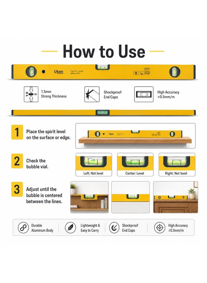 أوكن Uken Spirit Level 800 مم / 32 بوصة أداة مستوى الفقاعات المغناطيسية، مستوى قياس عالي التحمل باللون الأصفر للبناء والنجارة والسباكة وأعمال البلاط والأعمال اليدوية - Image 3