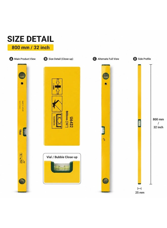 أوكن Uken Spirit Level 800 مم / 32 بوصة أداة مستوى الفقاعات المغناطيسية، مستوى قياس عالي التحمل باللون الأصفر للبناء والنجارة والسباكة وأعمال البلاط والأعمال اليدوية - Image 2