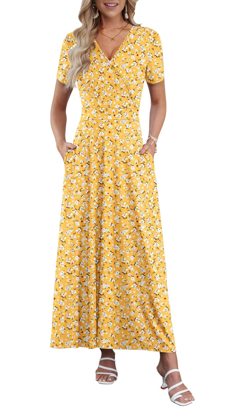 AUSELILY Maxi Dresses for Women Ankle Length Floral Print Beach Long Flowy Dress with Pockets Yellow Little Flower L - Image 1