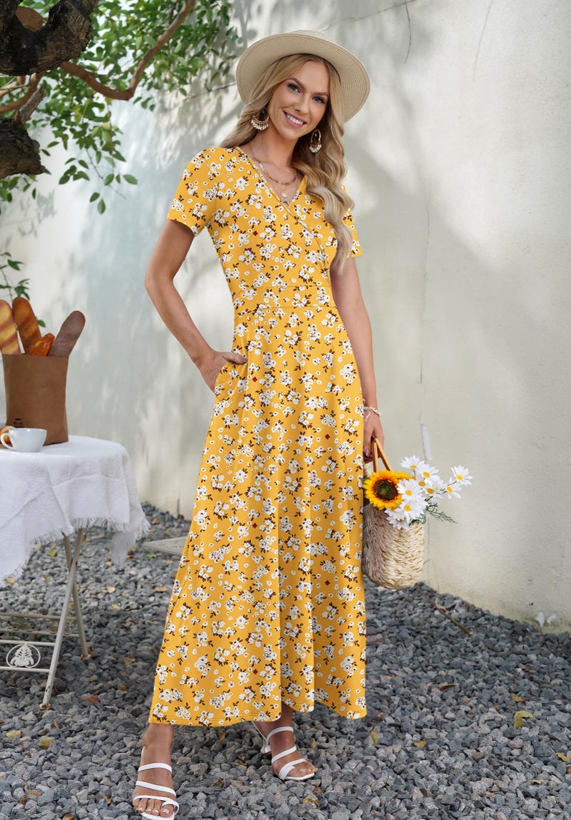 AUSELILY Maxi Dresses for Women Ankle Length Floral Print Beach Long Flowy Dress with Pockets Yellow Little Flower L - Image 5