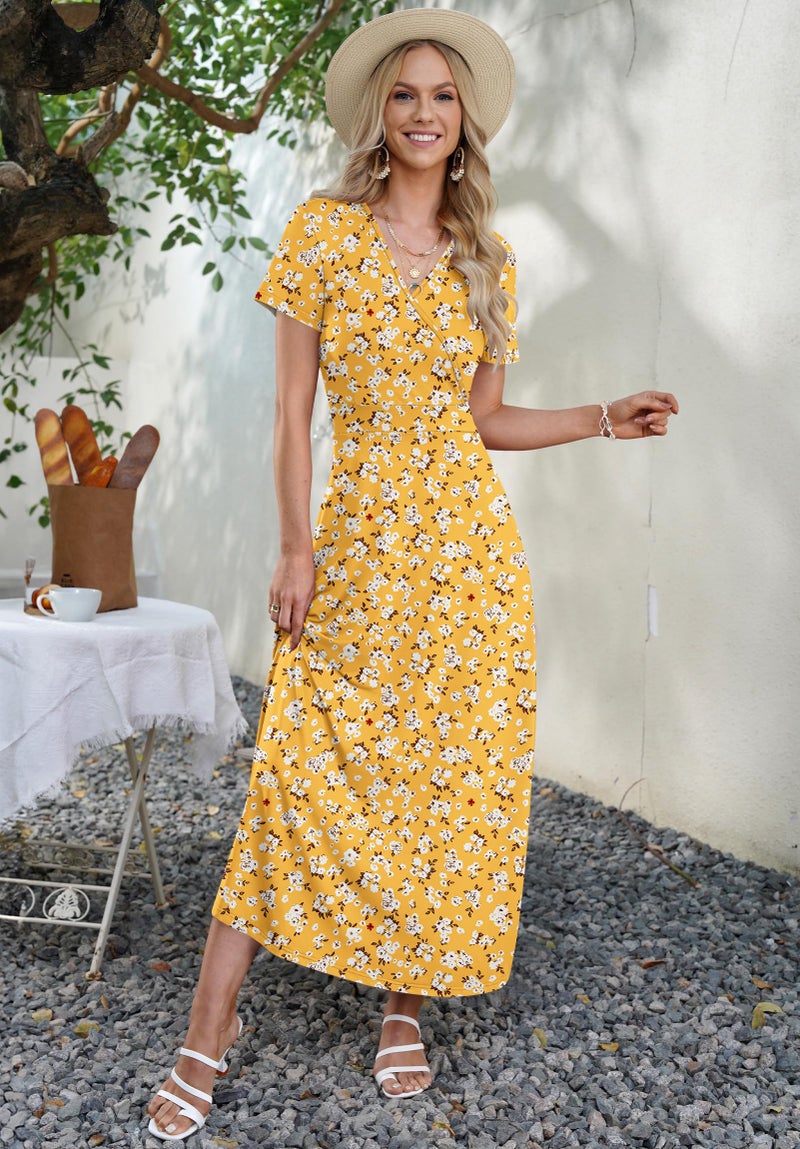 AUSELILY Maxi Dresses for Women Ankle Length Floral Print Beach Long Flowy Dress with Pockets Yellow Little Flower L - Image 4
