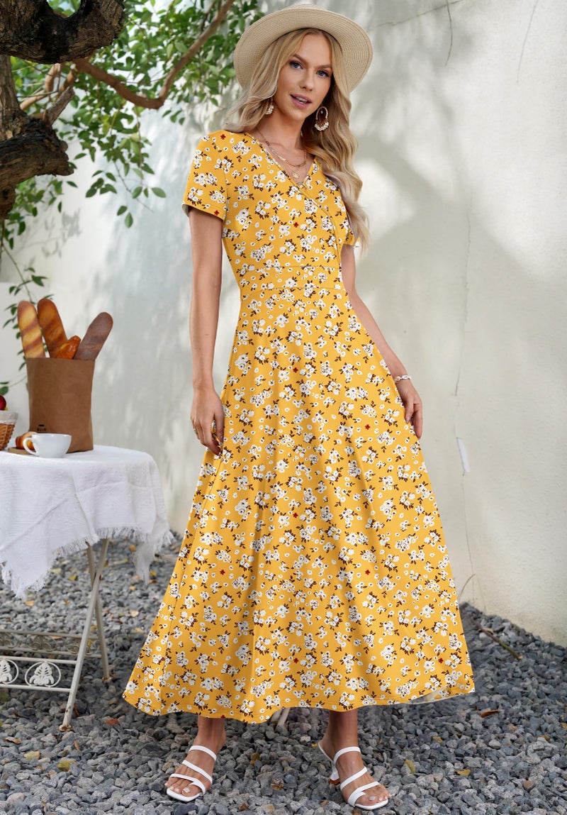 AUSELILY Maxi Dresses for Women Ankle Length Floral Print Beach Long Flowy Dress with Pockets Yellow Little Flower L - Image 3