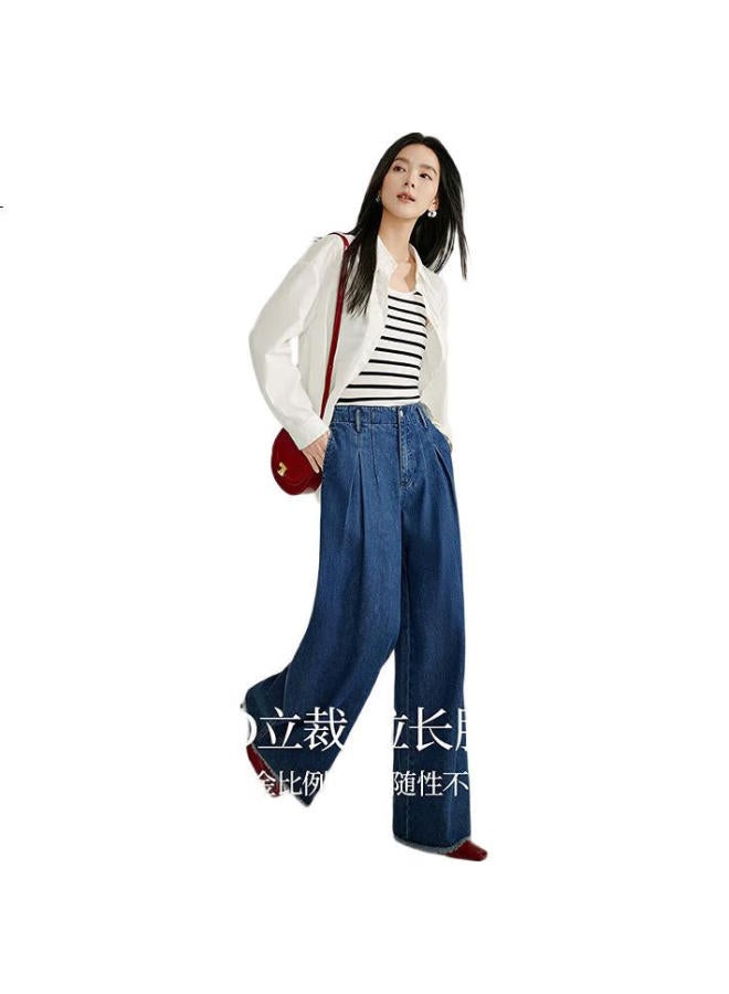Inman Vintage Washed Frayed Design Wide-Leg Jeans, Spring Women'S High-Waist Trousers, Dark Denim Blue, Size 26 - Image 3