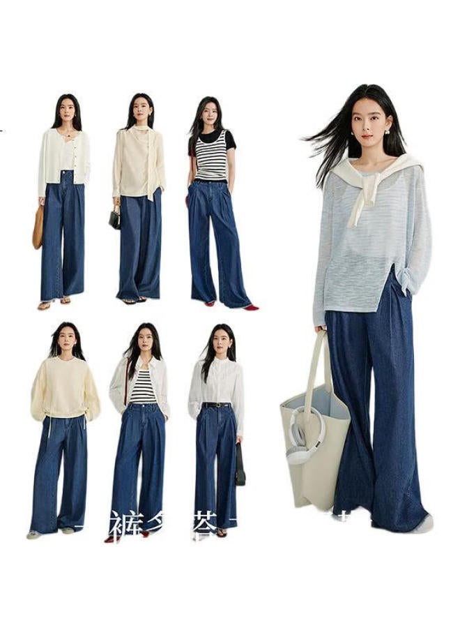 Inman Vintage Washed Frayed Design Wide-Leg Jeans, Spring Women'S High-Waist Trousers, Dark Denim Blue, Size 26 - Image 2