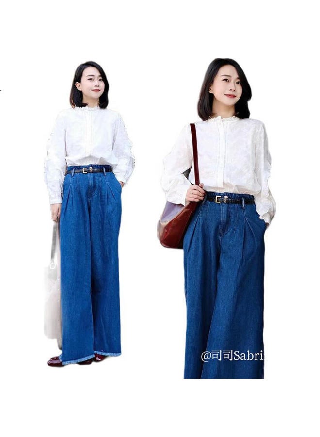 Inman Vintage Washed Frayed Design Wide-Leg Jeans, Spring Women'S High-Waist Trousers, Dark Denim Blue, Size 26 - Image 1