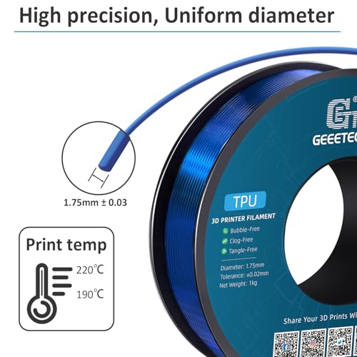Geeetech TPU Filament 1.75mm, Shore 95A Flexible 3D Printer Filament with High Elasticity, 1KG (2.2lbs) Spool, Dimensional Accuracy ±0.03mm, Fits Most FDM Printers, Clear Blue - Image 4