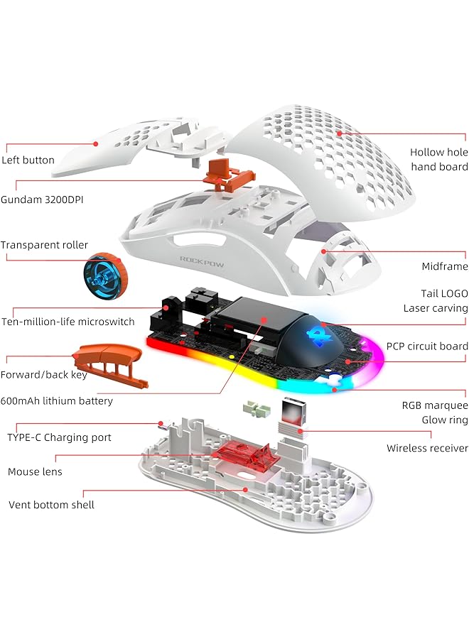 Rock Pow Wireless Gaming Mouse Honeycomb Ultralight 6 Programmable Buttons 4 Speed Adjustable Dpi Ergonomic Wireless Mouse Rgb Backlight Optical Sensor Rechargeable Gaming Mice Mouse For Laptop Computer Pc Mac - Image 2