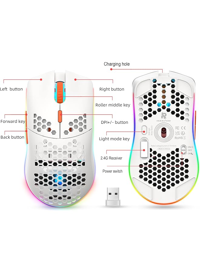 Rock Pow Wireless Gaming Mouse Honeycomb Ultralight 6 Programmable Buttons 4 Speed Adjustable Dpi Ergonomic Wireless Mouse Rgb Backlight Optical Sensor Rechargeable Gaming Mice Mouse For Laptop Computer Pc Mac - Image 4