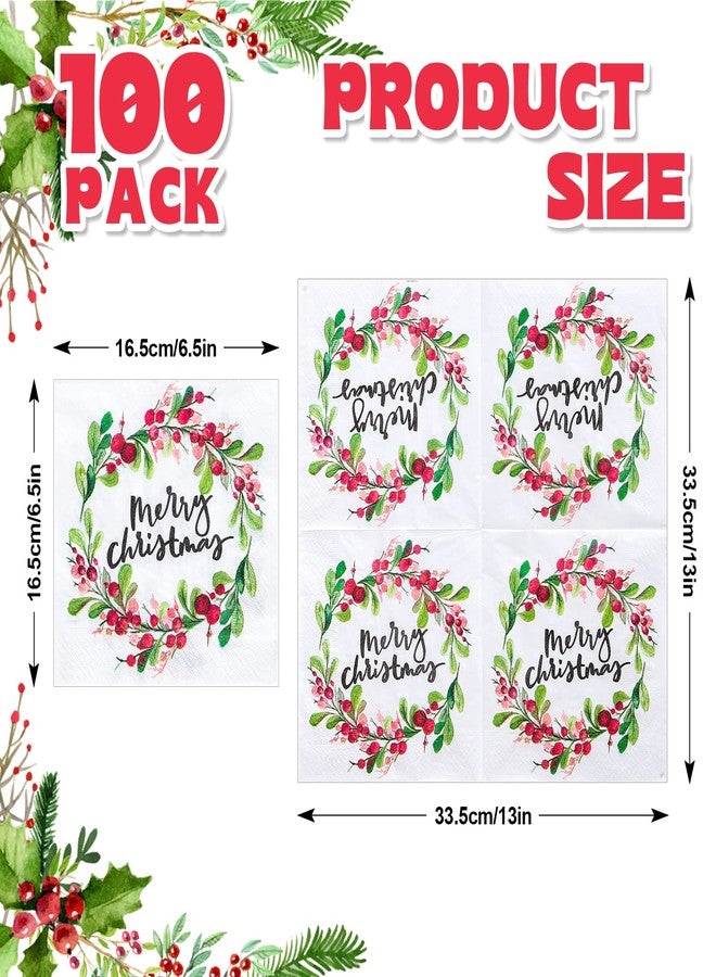 وولاين مجموعة من 100 منديل ورقي من Whaline بتصميم إكليل الزهور بألوان مائية، مناديل للاستخدام مرة واحدة، مناديل مزخرفة لحفلات عشاء أعياد الميلاد، مقاس 6.5 × 6.5 بوصة - Image 2