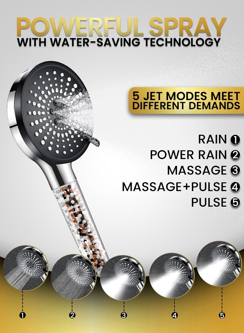 ABJ High Pressure Handheld Shower Head – 5 Spray Modes, Water Saving Filter with Vitamin C & Aroma Beads, Improves Skin & Hair, Universal Fit with 1.5m Hose & Holder - Image 2