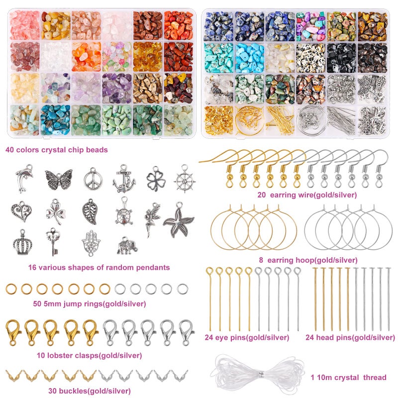QUEFE 720pcs Crystal Chips Beads Ring Making Kit, 40 Colors Crystal Chips and Gemstone Beads for Jewelry Making Crystal Beads for Ring, Bracelets Earring Making Supplies, Craft Gifts - Image 3