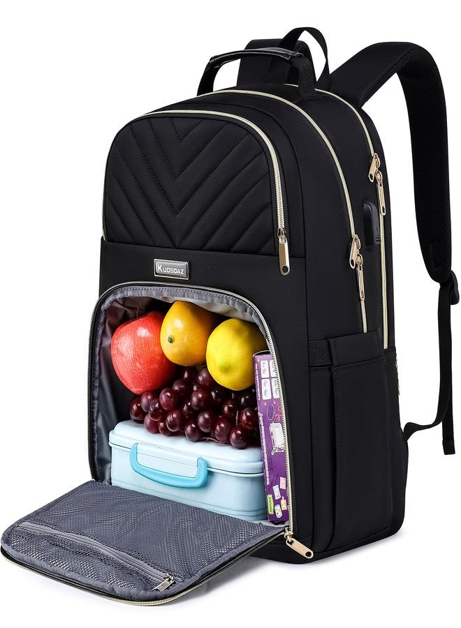 Kuosdaz Lunch Backpack for Women, Water Resistant Insulated Cooler Lunch Bag, 15.6 inch Laptop Backpacks with USB Port, Picnic Backpack with Lunch Box for College Work Camping Beaches, Black - Image 1