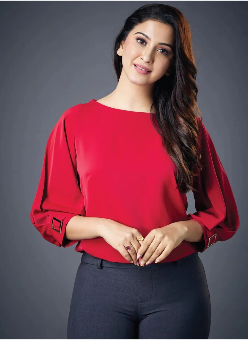 Zigzag Buckle Attached Solid Chiffon Red Top