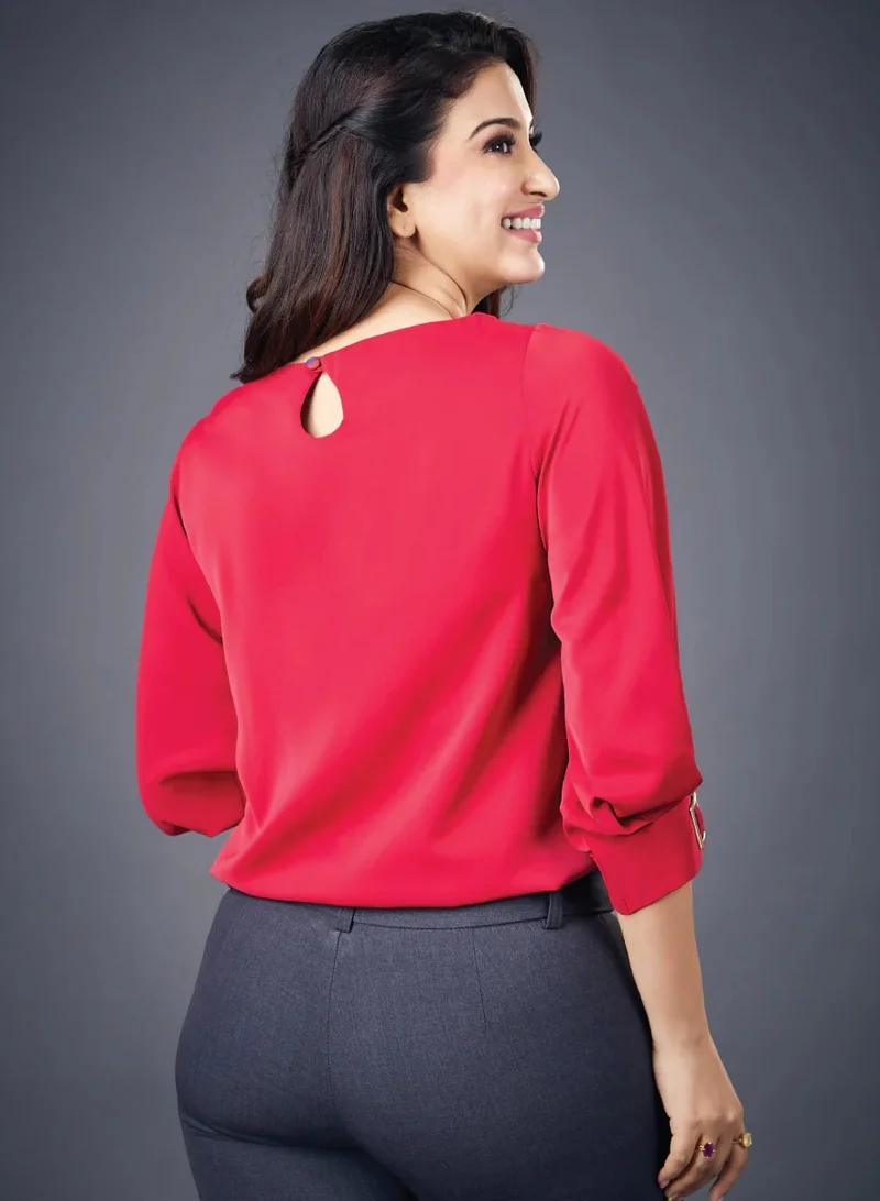 Zigzag Buckle Attached Solid Chiffon Red Top