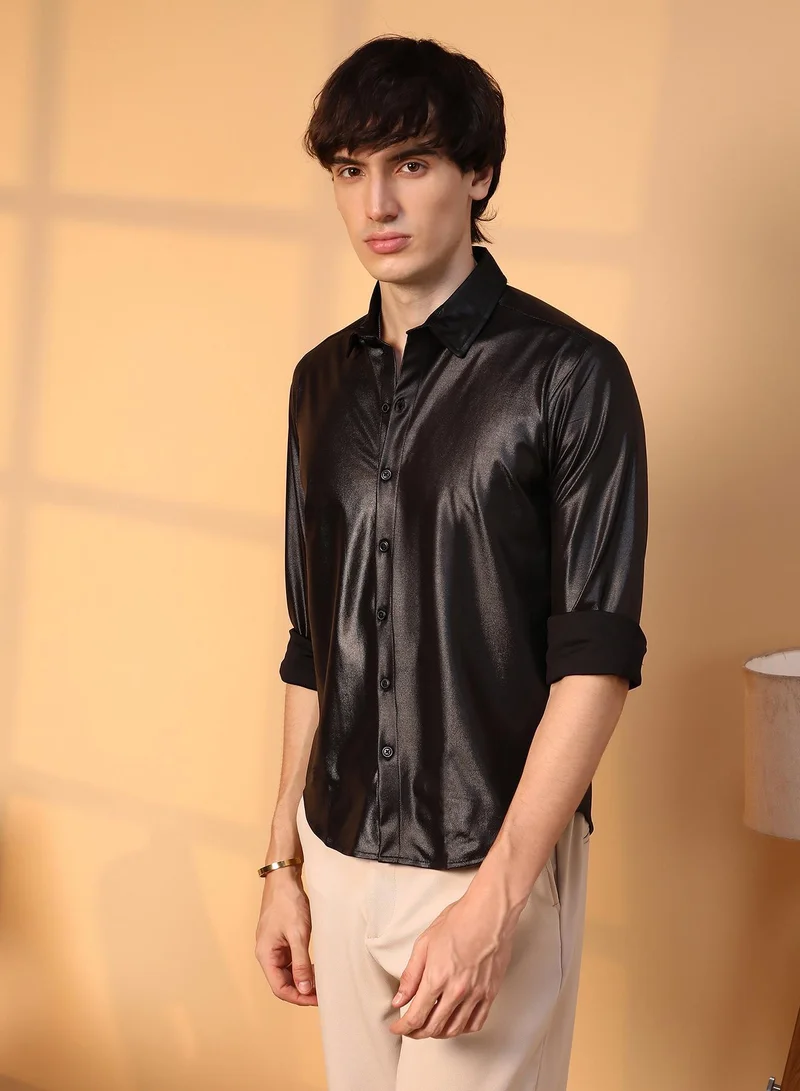 كامبوس سوترا قميص رجالي أسود صلب من جلد الغزال للملابس الكاجوال بياقة عريضة وأكمام طويلة وإغلاق بأزرار ومقاس مريح للارتداء اليومي