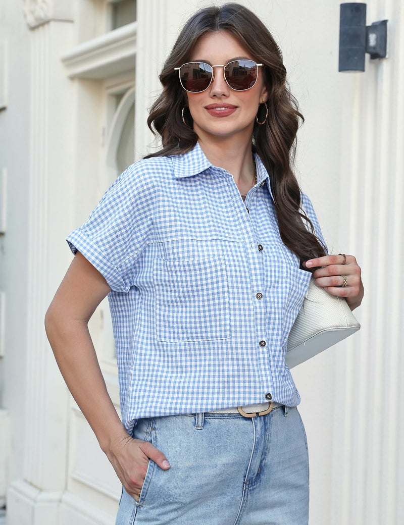 Kistore Women Plaid Shirt Button Up Short Sleeve Shirts Casual Cotton Loose Tees Fashion Beach Holiday Lightweight Blouse Blue L - Image 5