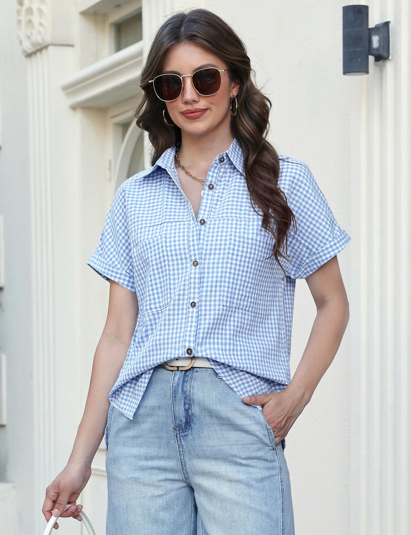 Kistore Women Plaid Shirt Button Up Short Sleeve Shirts Casual Cotton Loose Tees Fashion Beach Holiday Lightweight Blouse Blue L - Image 4