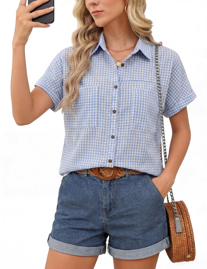 Kistore Women Plaid Shirt Button Up Short Sleeve Shirts Casual Cotton Loose Tees Fashion Beach Holiday Lightweight Blouse Blue L - Image 1