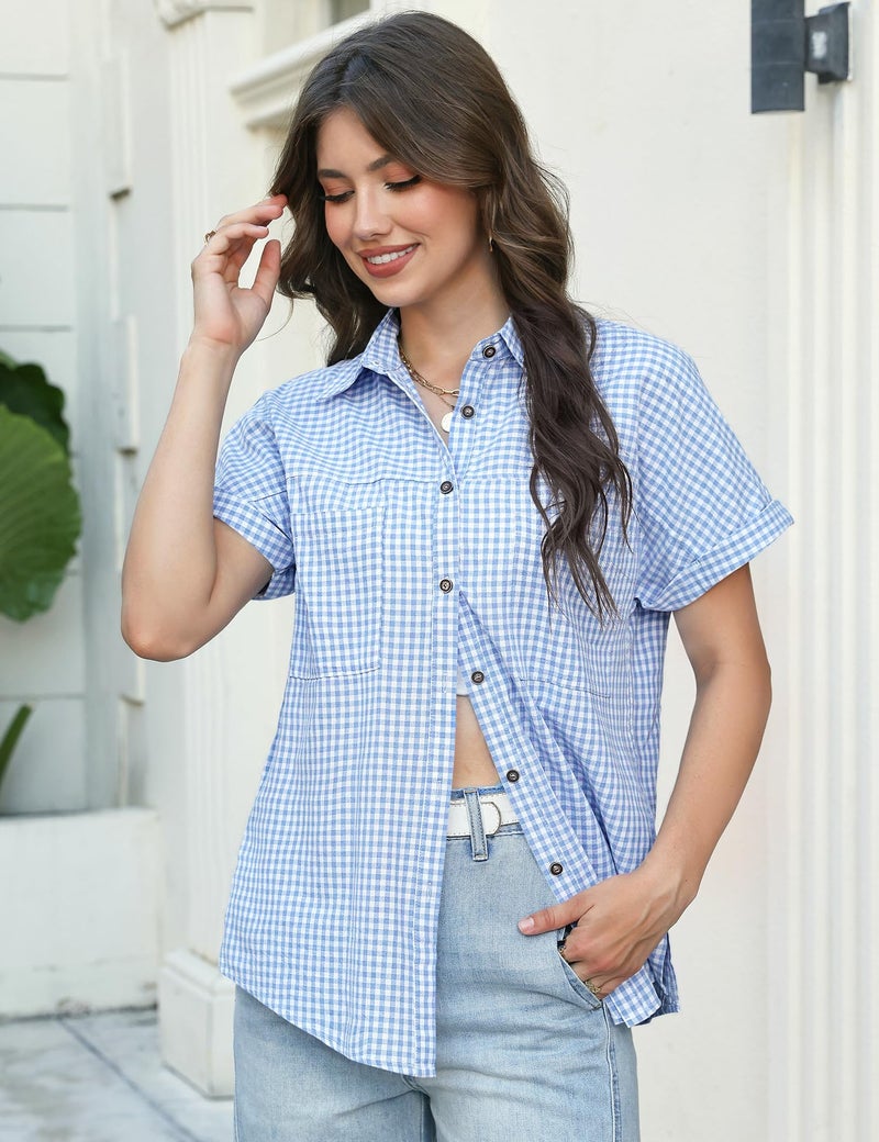 Kistore Women Plaid Shirt Button Up Short Sleeve Shirts Casual Cotton Loose Tees Fashion Beach Holiday Lightweight Blouse Blue L - Image 2