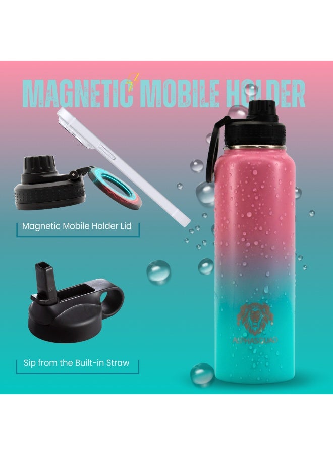 ألفاسكواد زجاجة مياه ALPHASQUAD سعة 1000 مل / 32 أونصة مع حامل هاتف مغناطيسي، زجاجات مياه من الفولاذ المقاوم للصدأ متوافقة مع حامل الهاتف وحامل ثلاثي القوائم لأجهزة iPhone، كوب معزول بجدار مزدوج مناسب للصالة الرياضية والرياضة (متعدد الاستخدامات) - Image 3