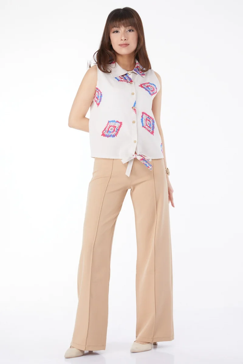 Tofisa Plain Shirt Collar Women Fuchsia Hem Tied Patterned Shirt - 13150