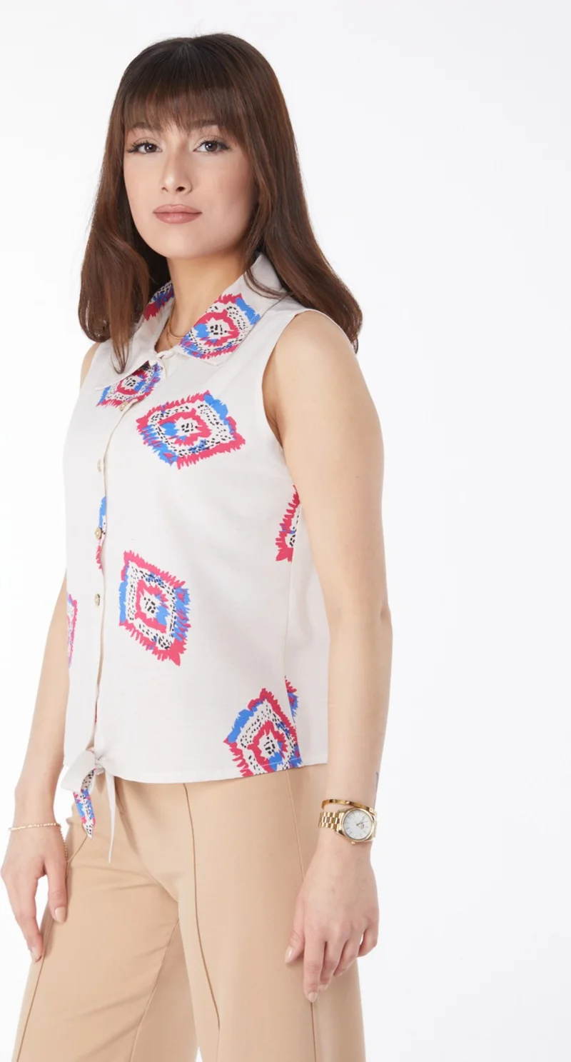 Tofisa Plain Shirt Collar Women Fuchsia Hem Tied Patterned Shirt - 13150