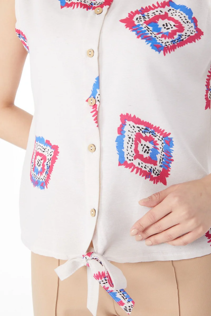 Tofisa Plain Shirt Collar Women Fuchsia Hem Tied Patterned Shirt - 13150